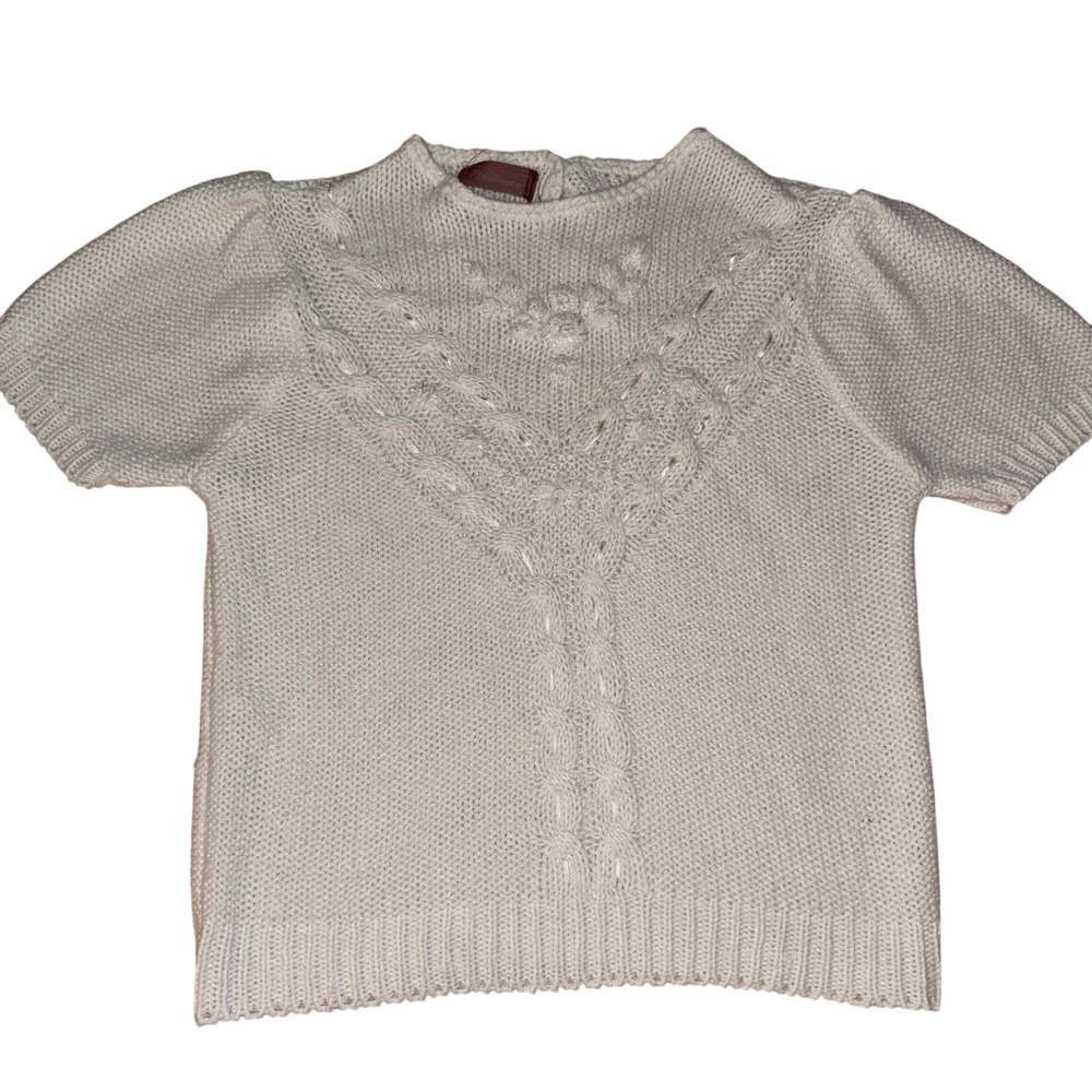 Vintage White Knit Puff Sleeve Knit Sweater Pearl Button Short Sleeve Size M - Picture 1 of 11